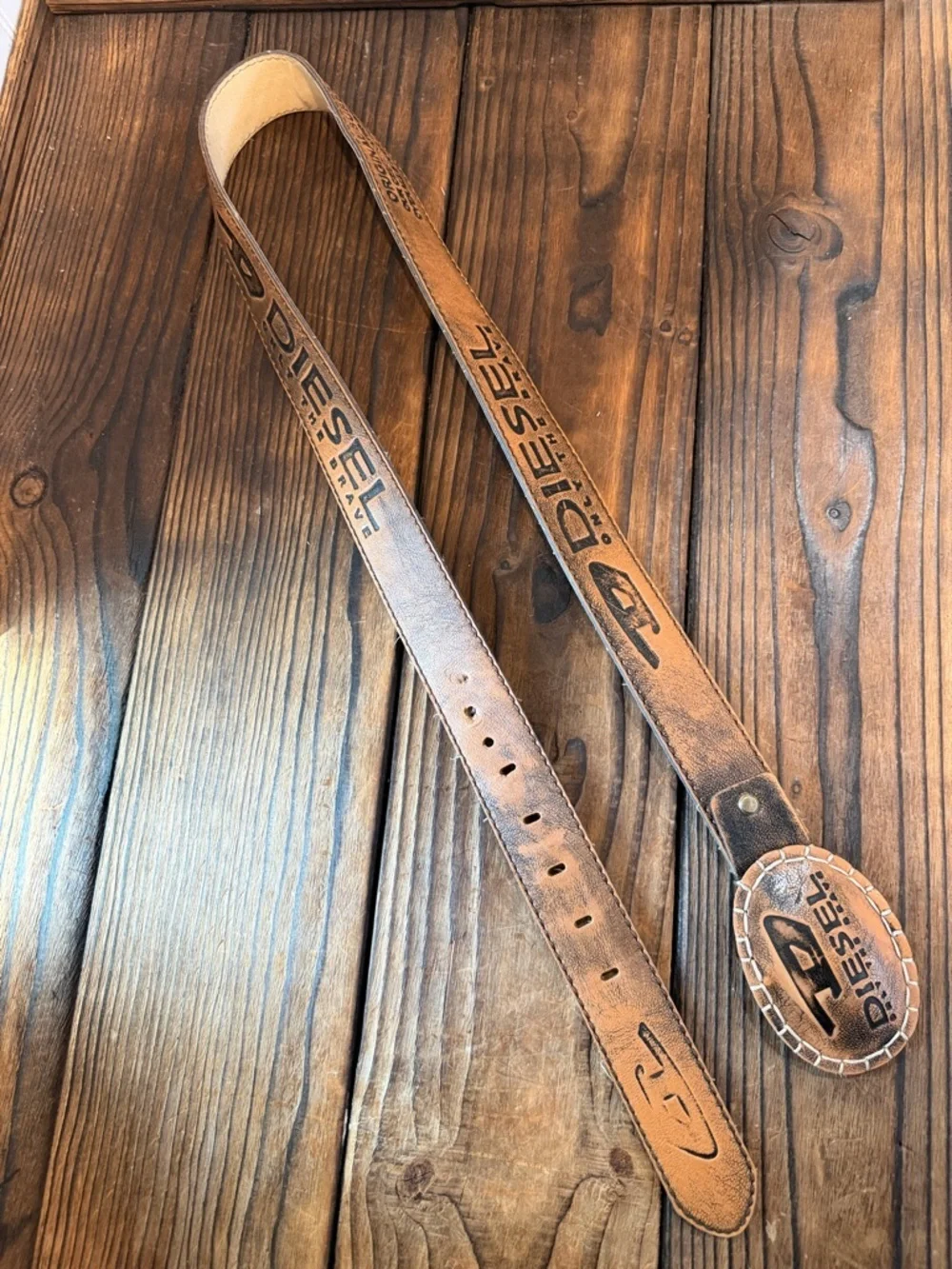 Vintage Diesel Tan Brown Leather Logo Distressed Style Belt Made in Italy